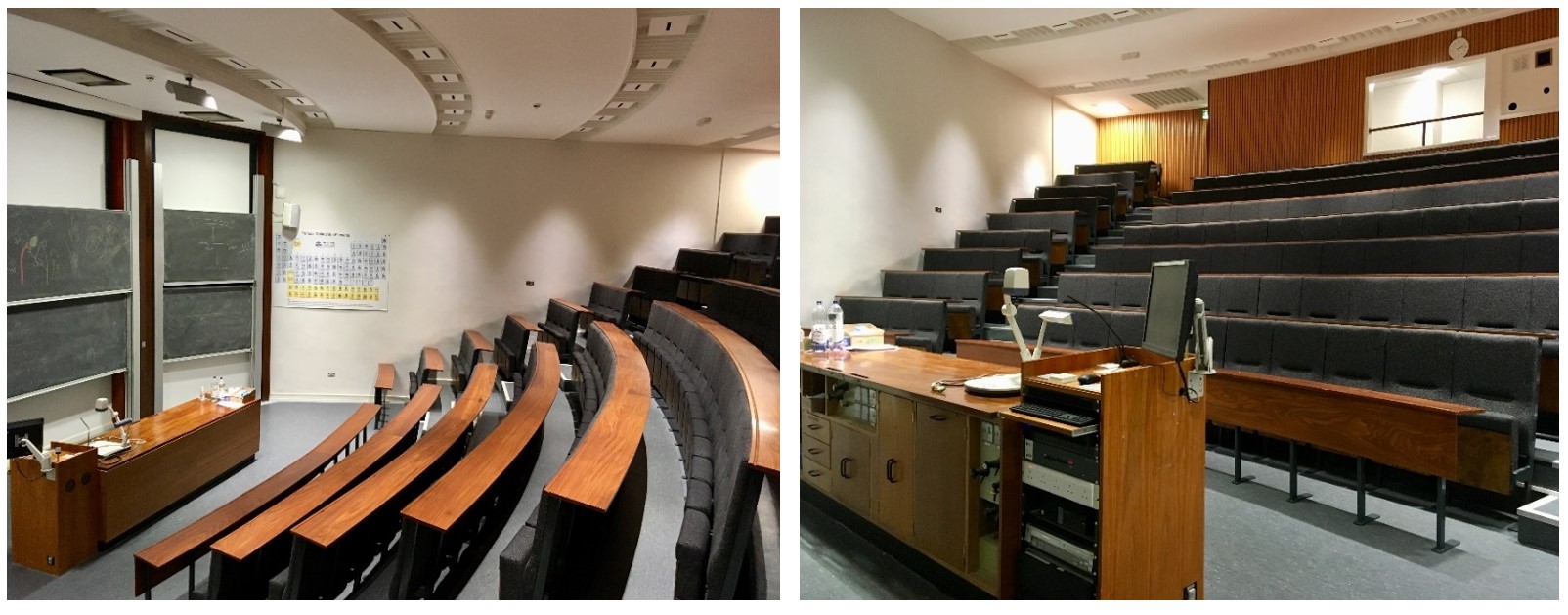 Rows of tiered seats facing the teaching wall